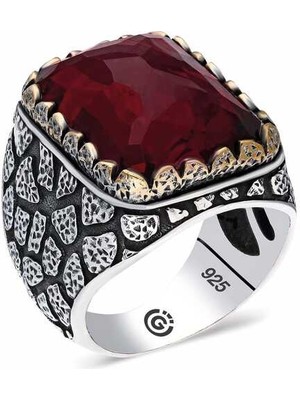 Fumeyabi ​gümüş Zirkon Bordo Taşlı Kare Erkek Yüzük