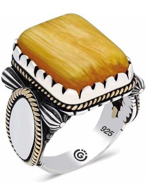 Fumeyabi ​gümüş Sarı Sıkma Kehribar Taşlı Kare Erkek Yüzük