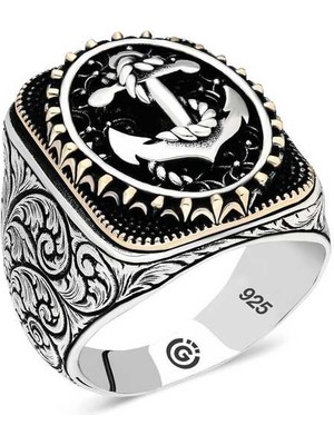 Fumeyabi Gümüş Deniz Çapası Oval Erkek Yüzük