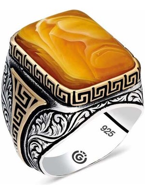 Fumeyabi ​gümüş Desenli Sıkma Kehribar Taşlı Kare Erkek Yüzük