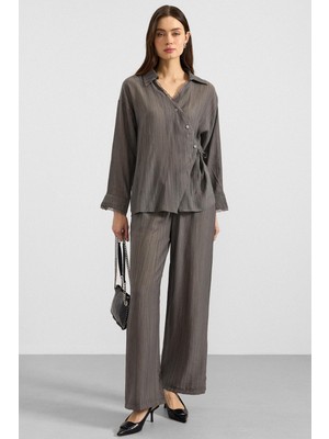 Olcay Düğme ve Bağcık Kapamalı Kimono Pantolon Ikili Takım Antrasit 9414-TK