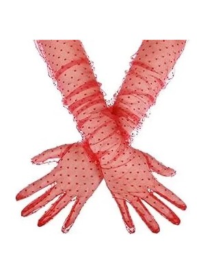 Magicool Uzun Boy Kırmızı Puantiyeli Kırmızı Renk Yetişkin Tül Eldiven 55 cm