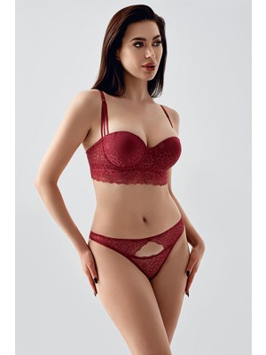 Cotonhause Kadın Desteksiz Bordo Dantelli Büstiyer Sütyen Takım C2T6N1433