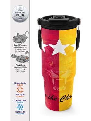 Coral High Kids Sarı Kırmızı 5 Yıldız Aslan Taraftar Desenli Pipetli ve Direkt Içim Çelik Termos 900 ml 38731