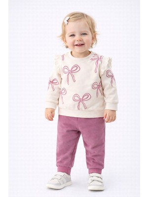 Dinamik çocuk Kız Bebek Fiyonk Desenli Kol Detaylı Sweatshirt + Eşofman Altı 2'li Takım 3-6-9-12AYLIK