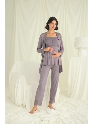 İlkyaz Fashion Ieg™ Dantelli Önü Düğmeli Hamile Lohusa 3'lü Pijama Takımı