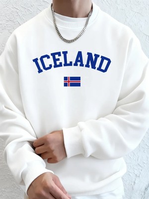 Izlanda Bayrağı Baskılı Erkek Kazak Kışlık Bol Kapüşonlu Spor Bisiklet Yaka Polar Sıcak Kazak
