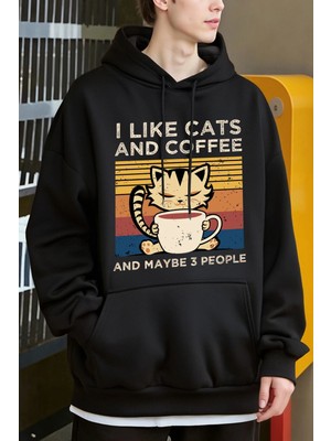 Sevimli Kedi Kahve Içiyor Desen Erkekler Y2K Hoody Hip Hop Polar Moda Hoodie Büyük Boy Sokak