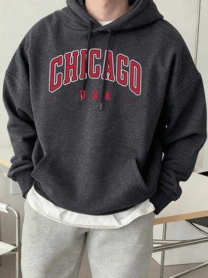 Chicago Abd Mektup Baskılı Erkek Günlük Kapüşonlu Sweatshirtler Her Şeyle Uyumlu Polar Sweats