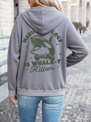 Deniz Biyolojisi Balina Katili Baskılı Kapüşonlu Üstler Kadın Temel Gevşek Sweatshirtler Kışl