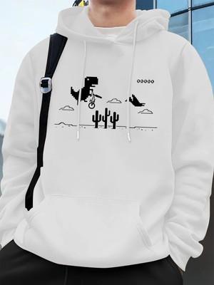 Dinozorlar Kaktüs Üzerinde Baskılı Erkek Kapüşonlu Üstü Sonbahar Cepli Sweatshirt Temel Polar