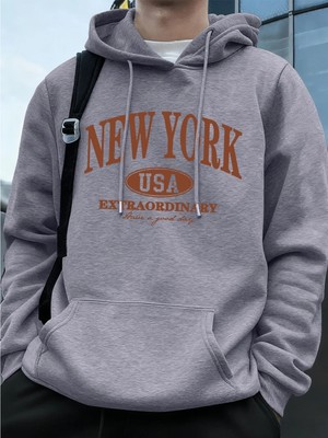 New York Abd Kelimeler Baskılı Erkek Sweatshirtleri Kışlık Oversize Kapüşonlu Üstler Spor Cep