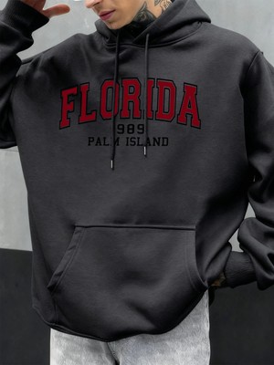 Florida 1989 Palm Island Baskılı Erkekler Kapşonlu Rahat Büyük Boy Kazak Sonbahar Polar Kapüş