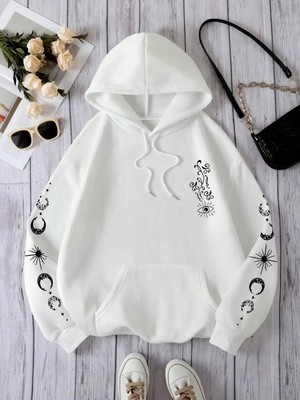 Yıldız Güneş Ay Göz Kişilik Desen Kadın Kazak Vintage Büyük Boy Kapşonlu Sokak Rahat Hoodie S