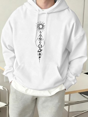 Planet Basitleştirilmiş Diyagram Baskılı Erkek Polar Kapüşonlu Cepli Rahat Sokak Giysisi Soka