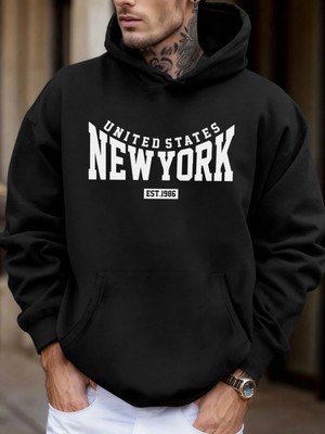 Amerika Birleşik Devletleri New York Est 1986 Baskılı Erkek Sonbahar Polar Kapşonlu Kazaklar