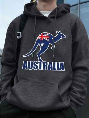 Avustralya Kanguru Baskı Erkek Kazak Kış Polar Sıcak Kapüşonlular Temelleri Büyük Boy Cep Str