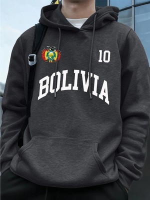 Bolivya Amblemi Mektup Baskı Hoodie Erkek Sportif Gevşek Kazaklar Kış Polar Sıcak Kazak Koşu