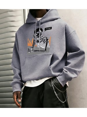 I'm Fine Iskelet Baskılı Erkek Basic Kapüşonlu Üstleri Hip Hop Bol Sweatshirtler Günlük Polar