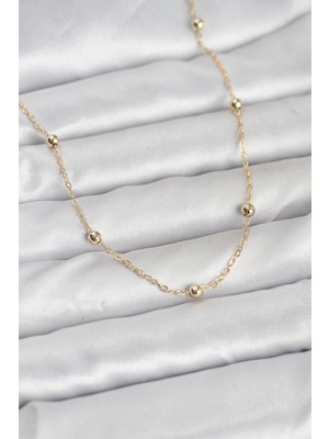 Mustran cm 14K Gold Renk Pirinç Top Zincirli 60 cm Kadın Kolye