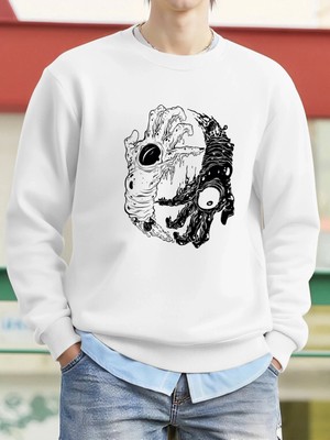 Canavar Palmiye Gözleri Korkunç Baskılı Sweatshirt Erkek Polar Bol Moda Sokak Giysisi Yuvarla