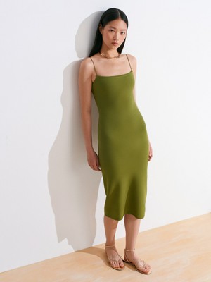 Dilvin 91495 Askılı Midi Elbise-Yağ Yeşil