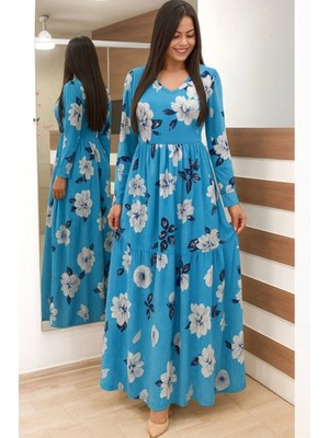 Kadın Uzun Kollu V Yakalı Çiçek Desenli Maxi Süprem Elbise