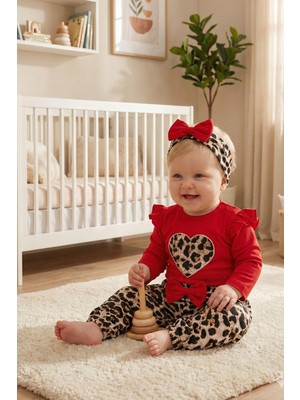 Babymod Leopar Desenli 3'lü Pamuklu Kız Bebek Takım Set