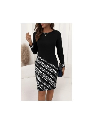 Kadın Uzun Kollu Bisiklet Yaka Desenli Dalgıç Elbise