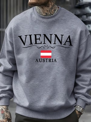 Viyana Avusturya Bayrağı Baskılı Erkek Tişörtü O-Boyun Rahat Kazaklar Sonbahar Polar Bol Giys