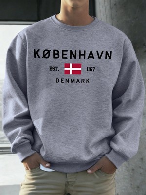 Kobenhavn Danimarka Bayrağı Baskılı Kazak Erkekler Polar Moda Kazak Yaratıcı Sonbahar Spor Gi