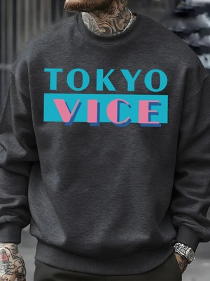 Tokyo Vice Büyük Harfli Baskılı Sweatshirt Erkek Polar Bol Moda Sokak Giyim O-Yaka Sonbahar K