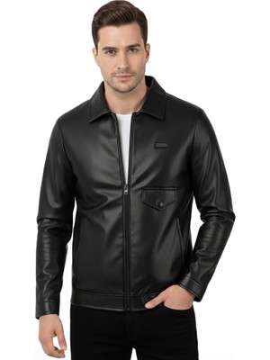 Deepsea Siyah Yakalı Fermuar Kapama Dar Kesim Suni Deri Erkek Ceket Mont 2600687