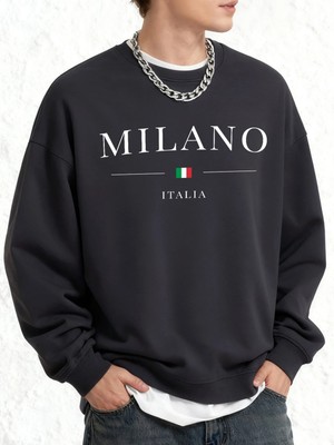 Italya Milano Şehir Baskılı Erkek Sıcak Kazak Günlük Büyük Beden Moda Uzun Kollu Temel Sokak
