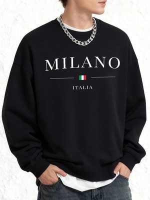 Italya Milano Şehir Baskılı Erkek Sıcak Kazak Günlük Büyük Beden Moda Uzun Kollu Temel Sokak