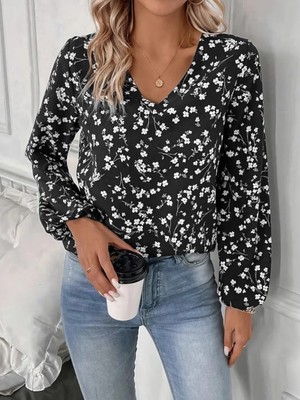 Kadın Uzun Kollu V Yakalı Çiçek Desenli Modal Bluz