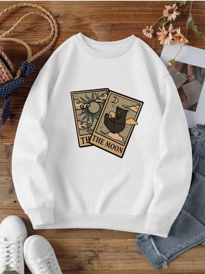 Rahat Vintage Kadın Tişörtü Tarot Ayı ve Ay Baskılı Kapüşonlular Polar Sıcak Kazak Sokak Crew