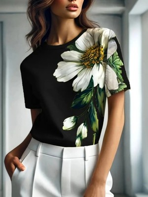 Kadın Kısa Kollu Bisiklet Yaka Çiçek Baskılı Süprem Bluz