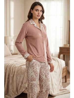 Kadın Gül Kurusu Şal Desenli Düğmeli Pijama Takımı - 19