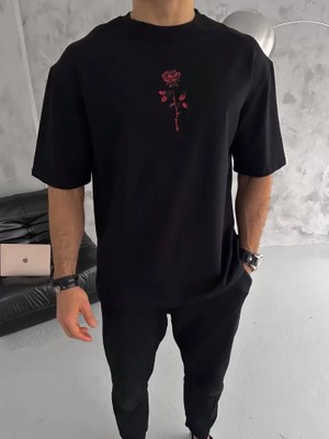 ModaSize Unisex Bisiklet Yaka Baskılı Oversize T-Shirt - Siyah