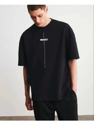 ModaSize Unisex Bisiklet Yaka Baskılı Oversize T-Shirt - Siyah
