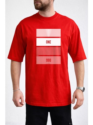 Caddekombin Erkek One Yazılı Konsantrik Çizgi Detaylı Bisiklet Yaka Kırmızı T-Shirt