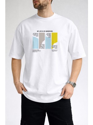 Caddekombin Erkek My Life Is Of Adventure Yazı Baskılı Bisiklet Yaka Beyaz T-Shirt