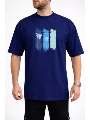 Caddekombin Erkek Üç Blok Palmiye Baskılı Bisiklet Yaka Lacivert T-Shirt