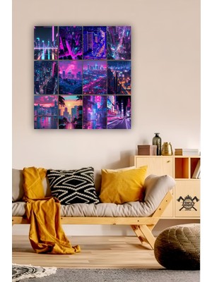 Pi Dekorasyon 12 Parça Neon Şehir Resimleri Çerçeve Görünümlü Mdf Tablo Duvar Süsü Hediyelik Neon
