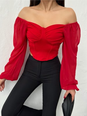 Qutta Kadın Madonna Yaka Şifon Kol Önü Biyeli Dalgıç Kumaş Bluz