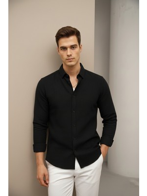 Bürke Keten Dokulu Siyah Yarım Oversize Yazlık Erkek Gömlek