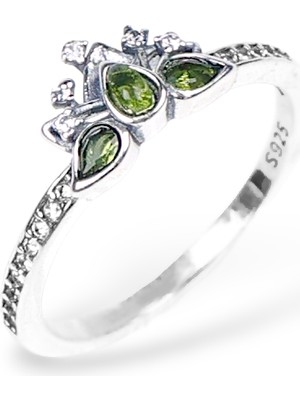 Besen Gümüş Prenses Taç Tasarımlı Yeşil Taşlı 925 Ayar Gümüş Yüzük