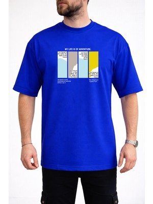 Caddekombin Erkek My Life Is Of Adventure Yazı Baskılı Bisiklet Yaka Saks Mavi T-Shirt