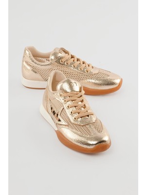 Mubiano Kadın Sneaker Fileli Rugan Detaylı Leopar Yıldızlı Spor Ayakkabı Ilya Altın